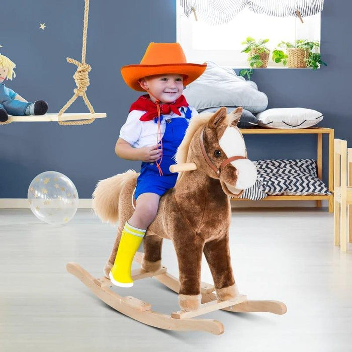 Plush Rocking Horse with Handle Grip and Footrest in Brown - Little and Giant Explorers HOMCOM