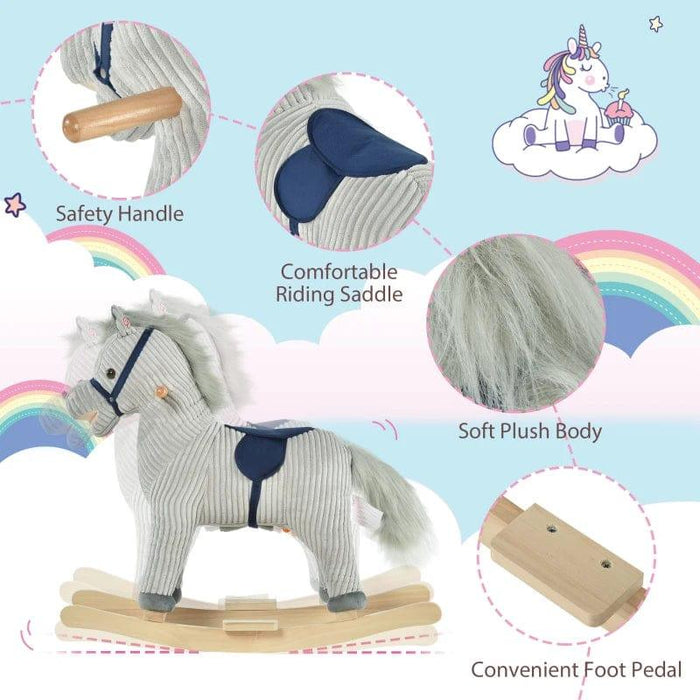 Plush Rocking Horse with Neighing and Galloping Sounds in Grey - Little and Giant Explorers HOMCOM