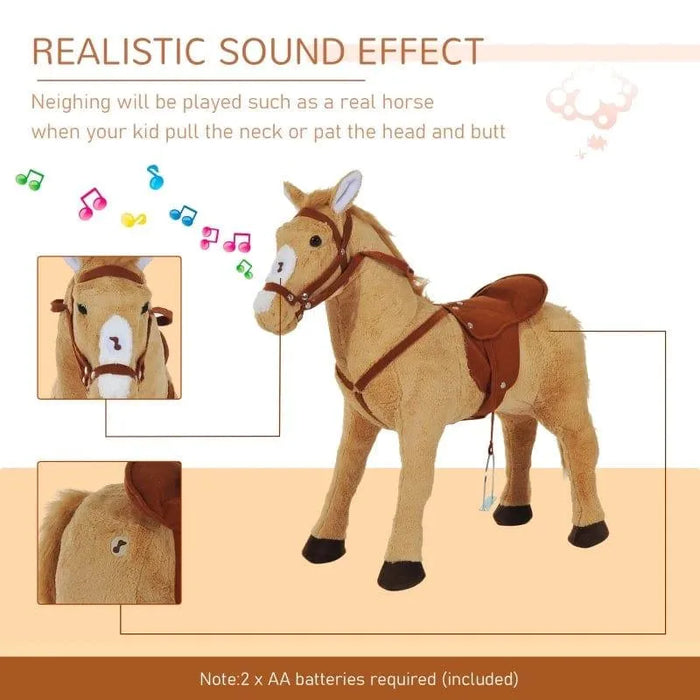 Plush standing ride-on horse toy with saddle, interactive sound effects, and brown mane