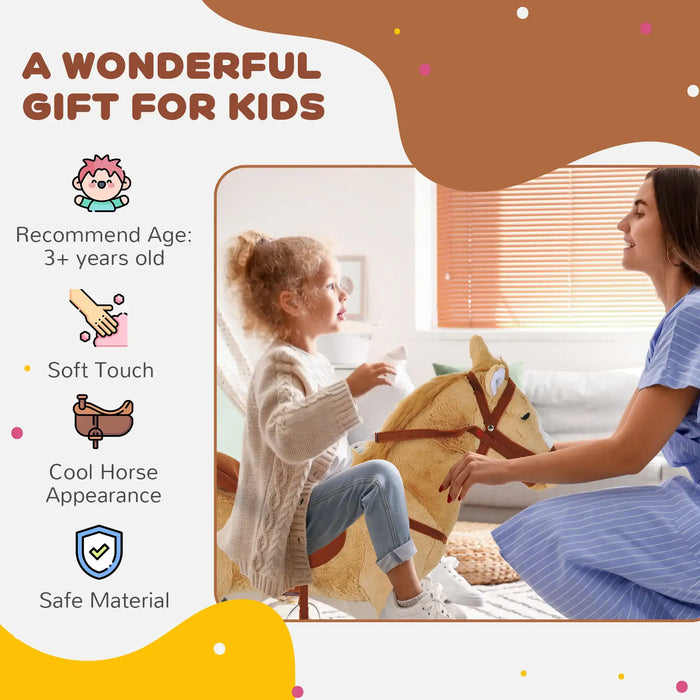 Child riding plush standing ride-on horse toy with mom, indoor play, safe material, soft touch