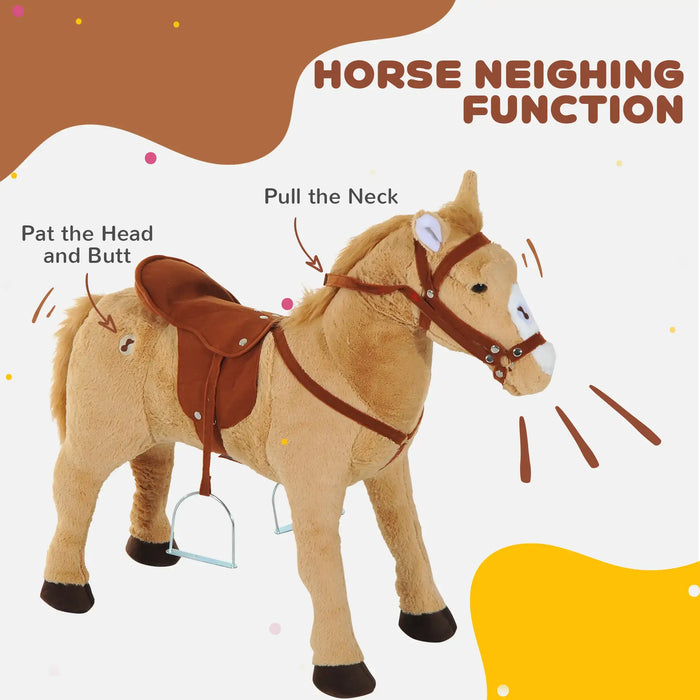Plush standing ride-on horse toy with interactive neighing sounds, brown saddle, stirrups.