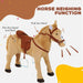 Plush standing ride-on horse toy with interactive neighing sounds, brown saddle, stirrups.