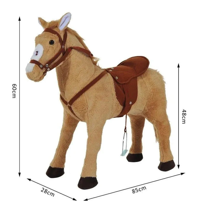 Plush standing ride-on horse toy with brown saddle, bridle, and size dimensions visible.