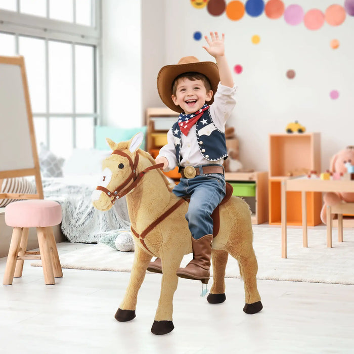 Child in cowboy outfit riding plush standing ride-on horse toy in colorful playroom