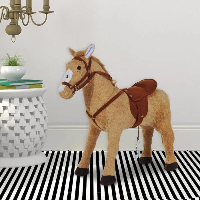Plush ride-on horse toy with saddle in modern room with striped rug and white table