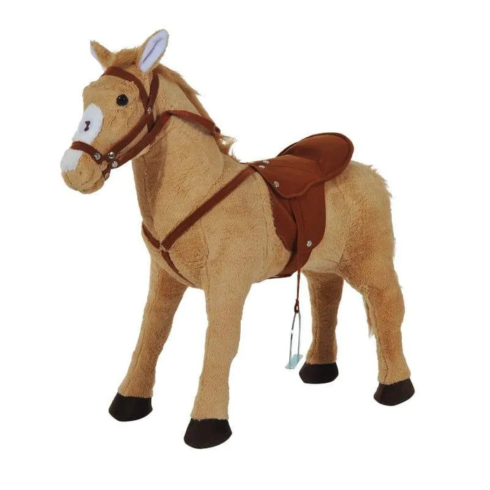 Plush standing ride-on horse toy with brown saddle and bridle on white background