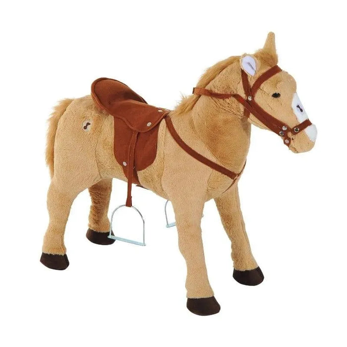 Plush standing ride-on toy horse with brown saddle and bridle, kids interactive play