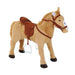 Plush standing ride-on toy horse with brown saddle and bridle, kids interactive play