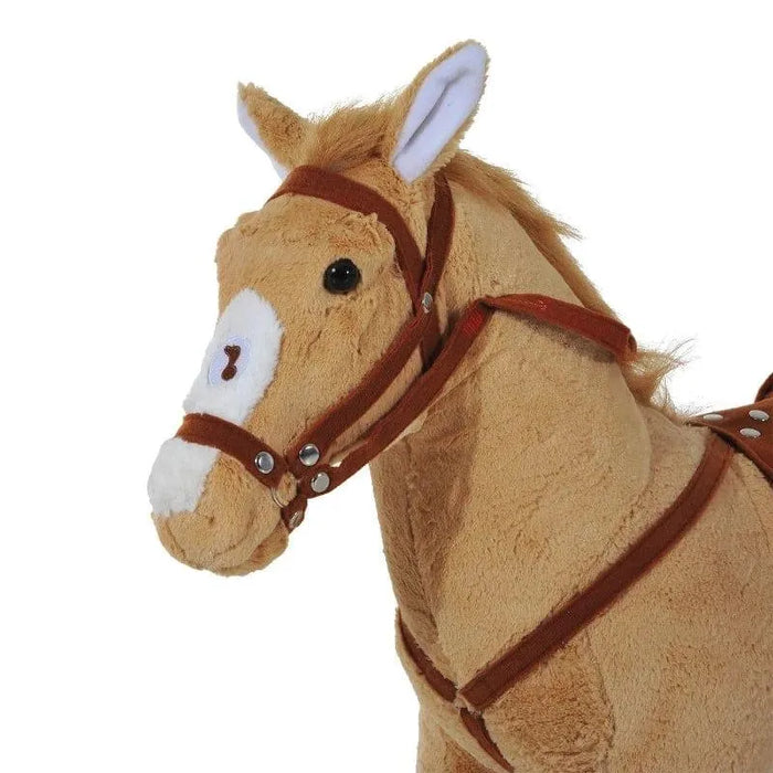 Plush standing ride-on horse toy with brown fur, harness, and white face patch