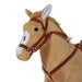 Plush standing ride-on horse toy with brown fur, harness, and white face patch