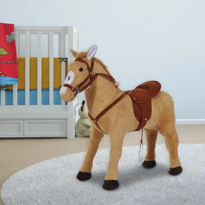 Plush standing ride-on horse toy with saddle in a nursery room on a white rug