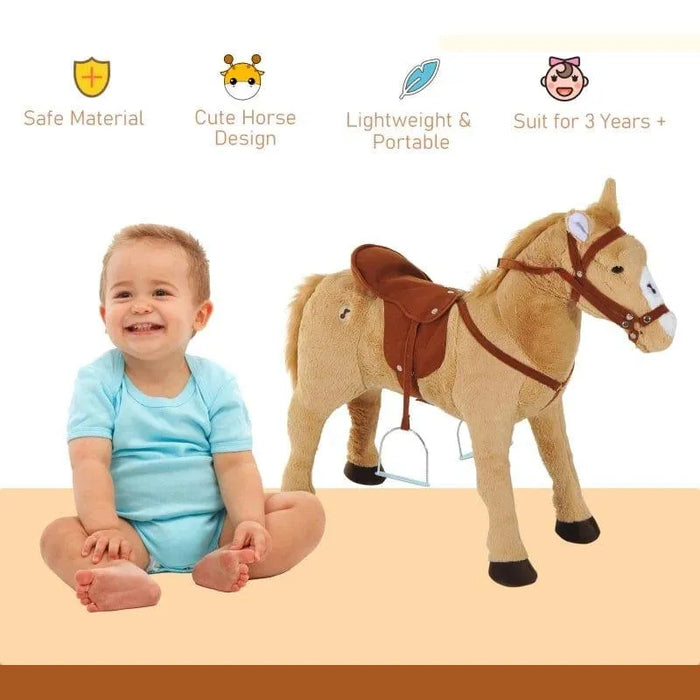 Smiling baby next to plush standing ride-on horse toy with saddle, suitable for kids aged 3 and up
