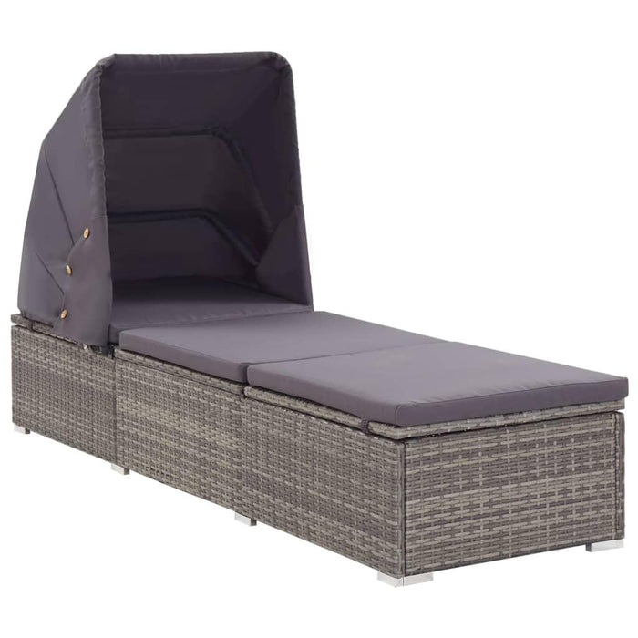 Poly Rattan Sun Lounger with Canopy and Cushion in Grey - Little and Giant Explorers vidaXL