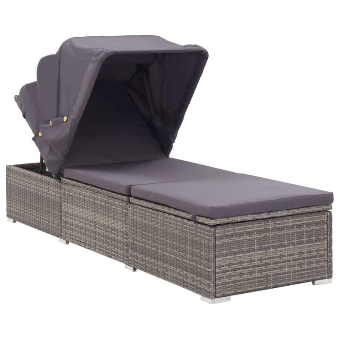 Poly Rattan Sun Lounger with Canopy and Cushion in Grey - Little and Giant Explorers vidaXL