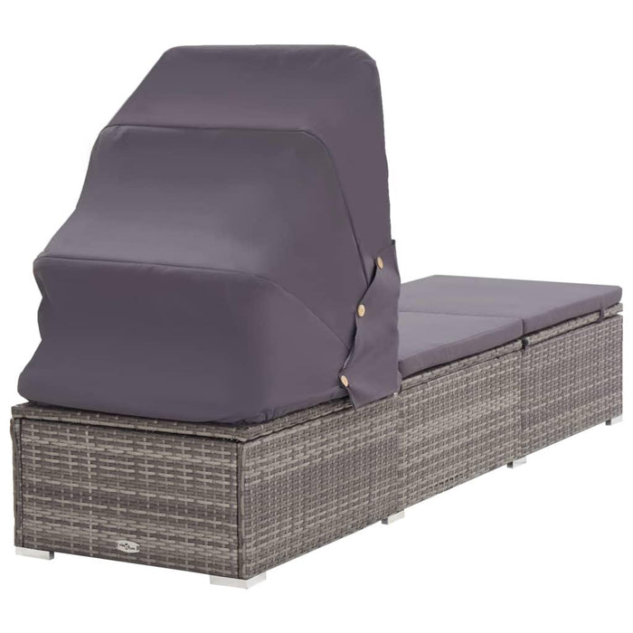 Poly Rattan Sun Lounger with Canopy and Cushion in Grey - Little and Giant Explorers vidaXL