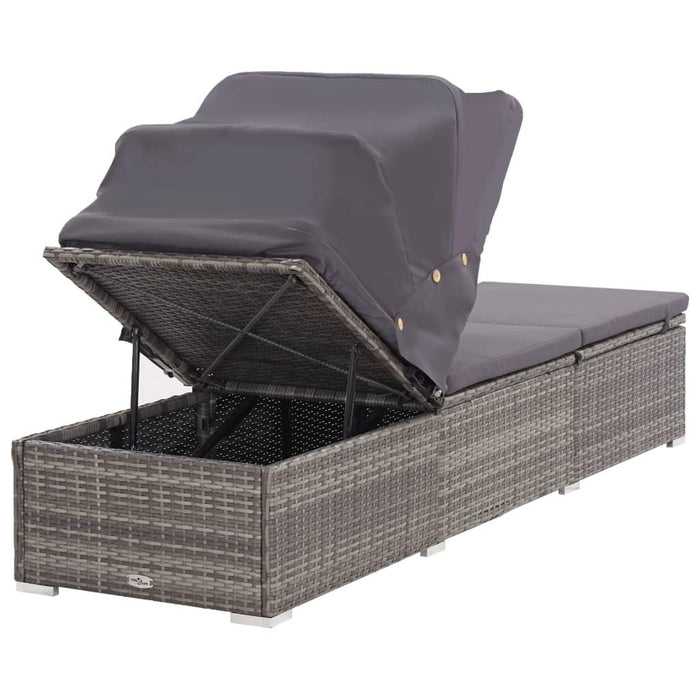 Poly Rattan Sun Lounger with Canopy and Cushion in Grey - Little and Giant Explorers vidaXL