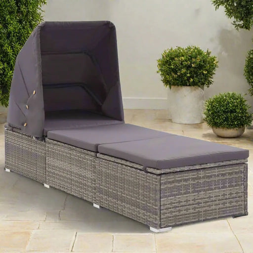 Poly Rattan Sun Lounger with Canopy and Cushion in Grey - Little and Giant Explorers vidaXL