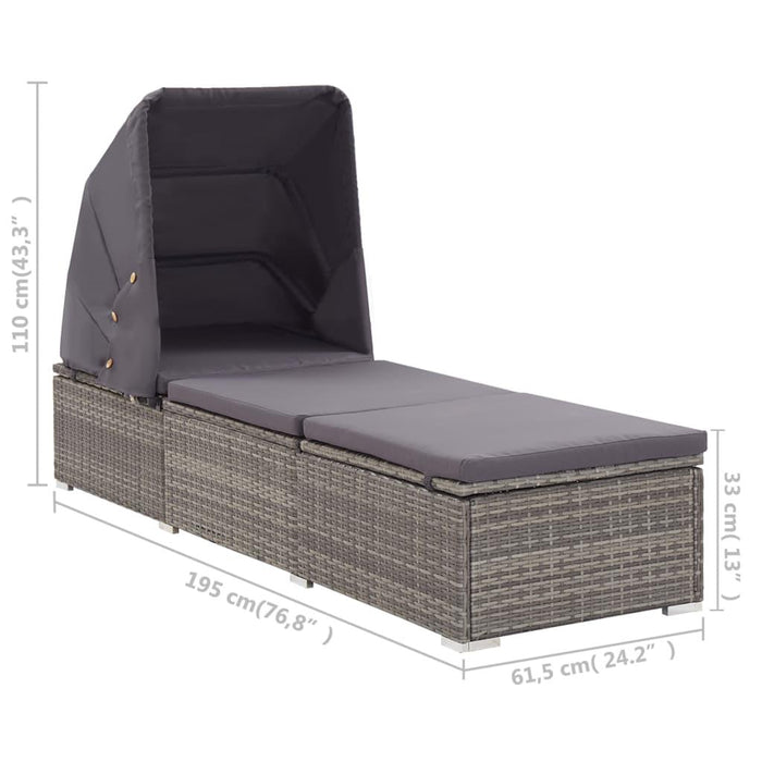 Poly Rattan Sun Lounger with Canopy and Cushion in Grey - Little and Giant Explorers vidaXL