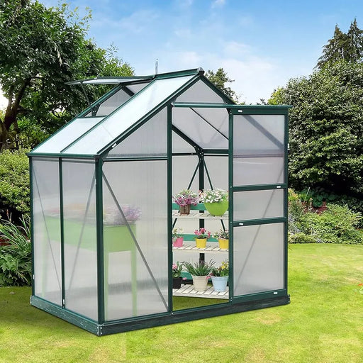 Polycarbonate Greenhouse – 6ftx4ft Walk-In | Dark Green Aluminium Frame with Sliding Door OUTSUNNY - Little and Giant Explorers Outsunny