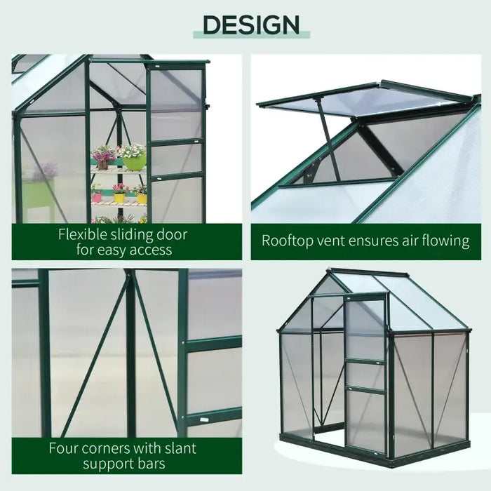 Polycarbonate Greenhouse – 6ftx4ft Walk-In | Dark Green Aluminium Frame with Sliding Door OUTSUNNY - Little and Giant Explorers Outsunny