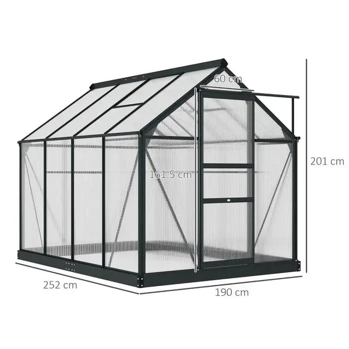 Polycarbonate greenhouse 6ft x 8ft with grey aluminum frame and sliding door, dimensioned