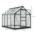 Polycarbonate greenhouse 6ft x 8ft with grey aluminum frame and sliding door, dimensioned