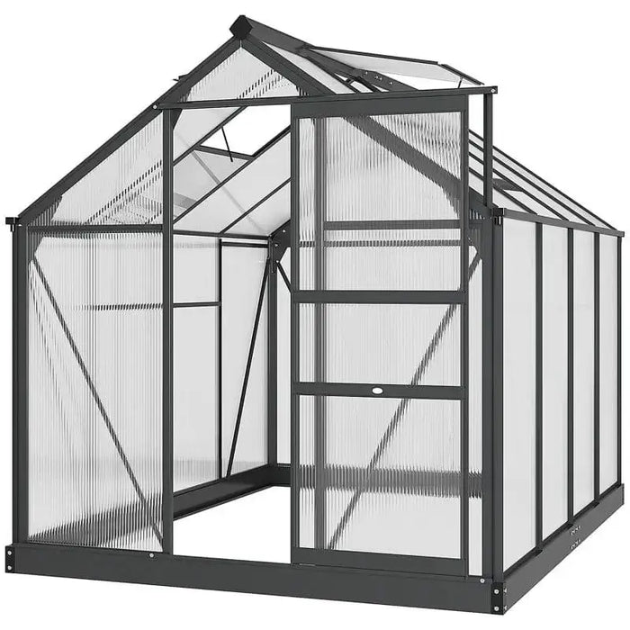Polycarbonate greenhouse 6x8ft with grey aluminium frame and sliding door
