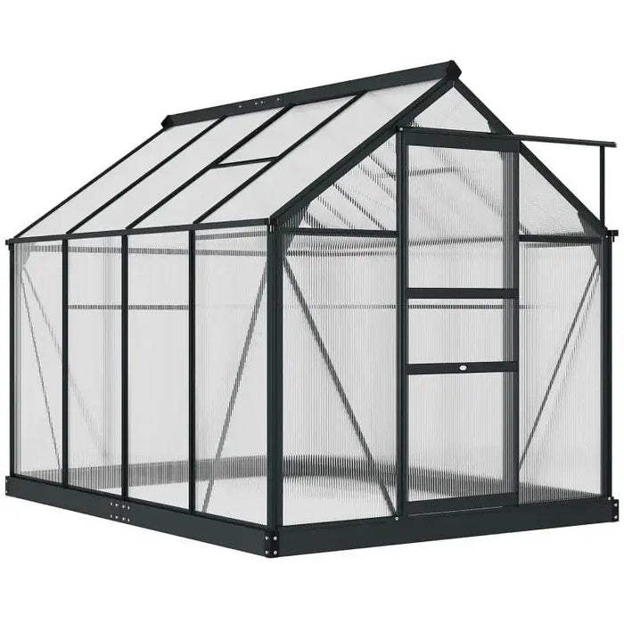 Polycarbonate greenhouse with grey aluminum frame and sliding door, 6x8 ft walk-in design