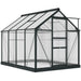 Polycarbonate greenhouse with grey aluminum frame and sliding door, 6x8 ft walk-in design