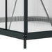 Polycarbonate greenhouse corner with grey aluminum frame and sliding door panel detail