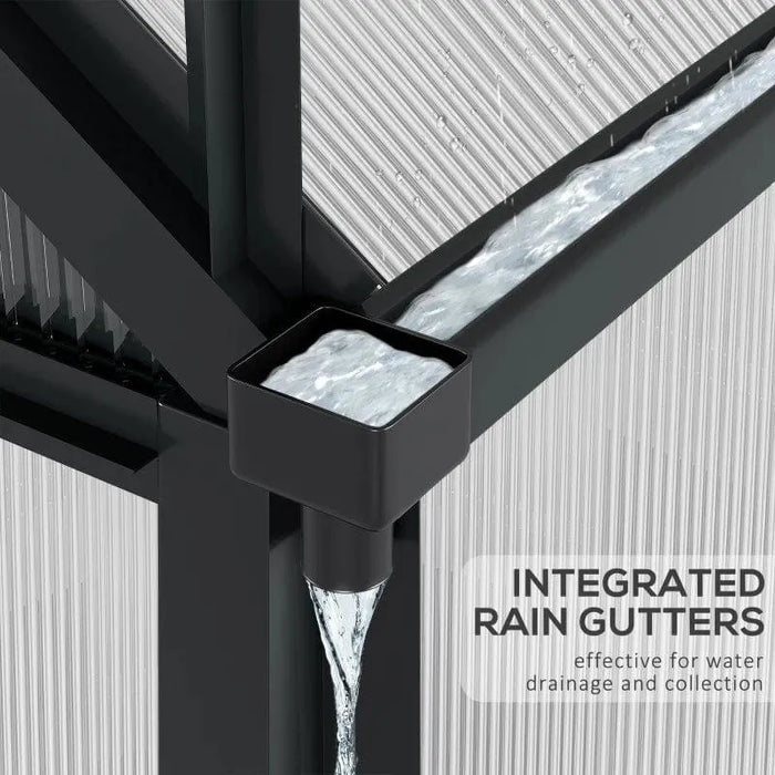 Polycarbonate greenhouse with grey aluminium frame showing integrated rain gutters