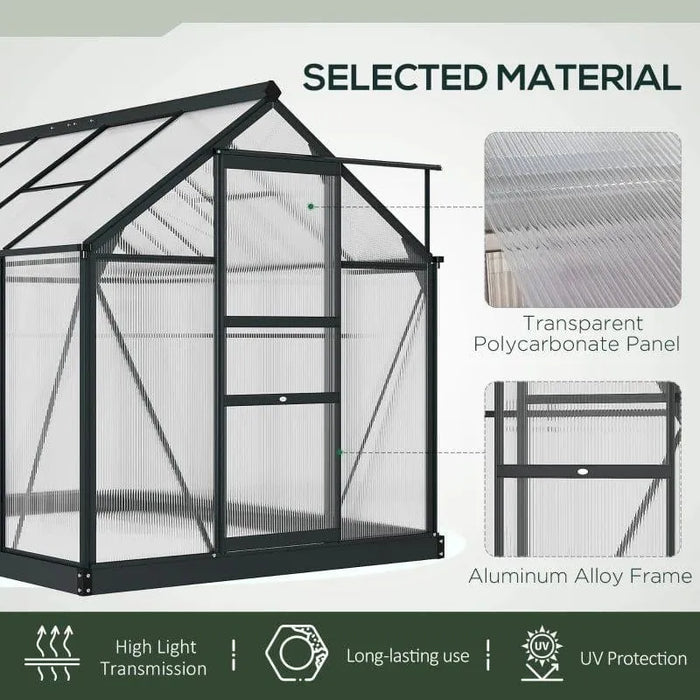 Polycarbonate greenhouse with grey aluminum alloy frame and sliding door, material details shown