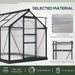 Polycarbonate greenhouse with grey aluminum alloy frame and sliding door, material details shown