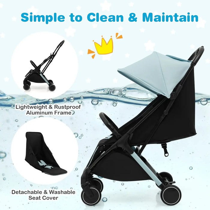 Black stroller with detachable seat cover on a water droplet background, highlighting features like cleanliness and maintenance.