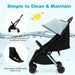 Black stroller with detachable seat cover on a water droplet background, highlighting features like cleanliness and maintenance.
