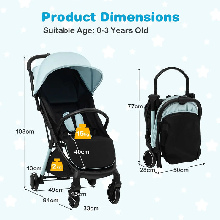 Dimensions of a baby stroller with suitable age range displayed.