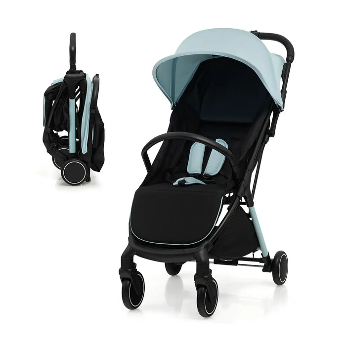 Black stroller with light blue canopy on a white background