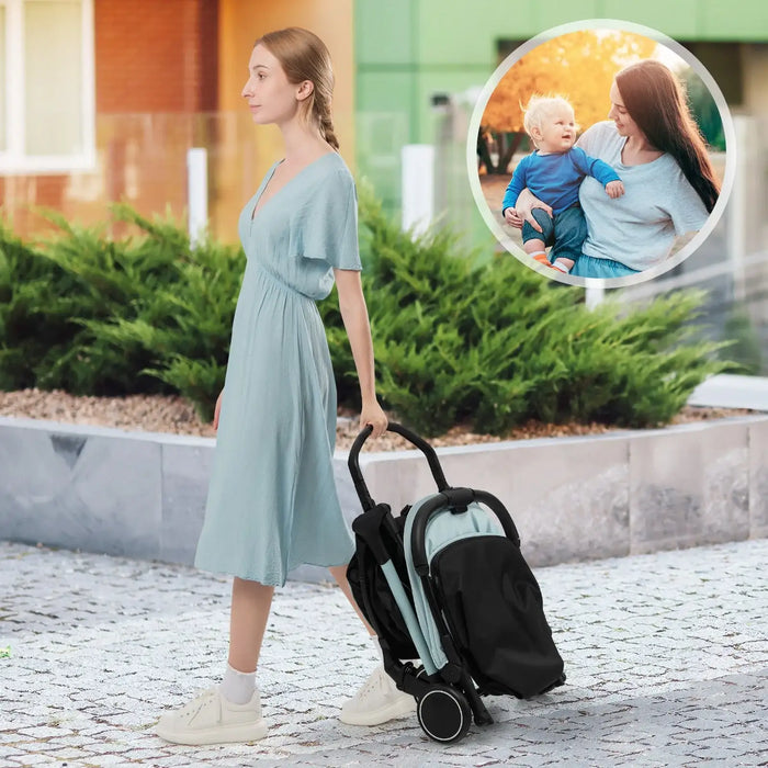 Woman pushing a stroller with a small inset showing a family moment.