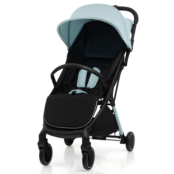 Black stroller with light blue canopy on a white background