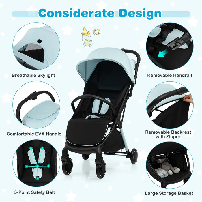 Baby stroller with features highlighted on a light blue background