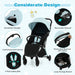Baby stroller with features highlighted on a light blue background
