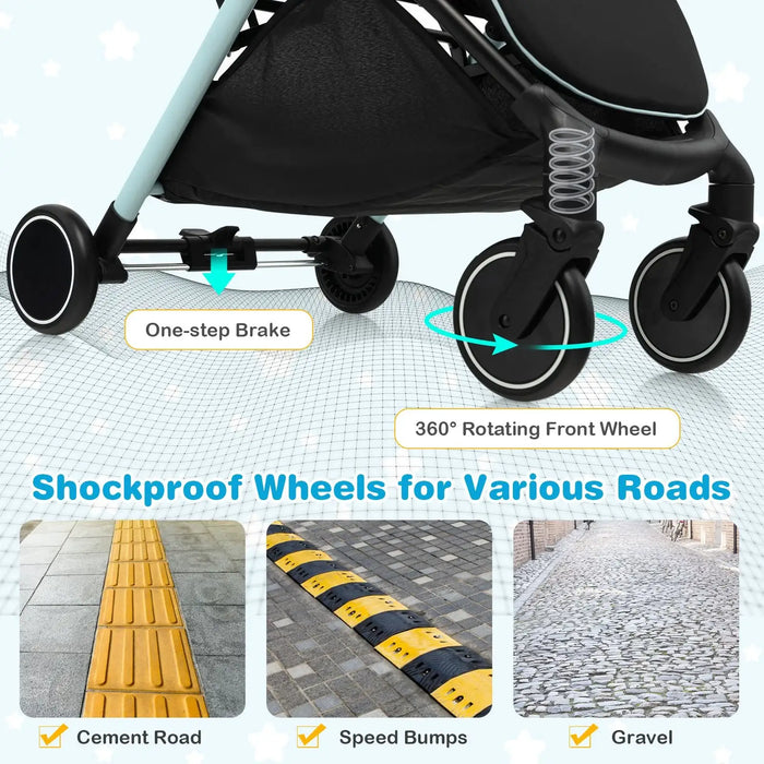 Stroller with shockproof wheels featuring text on road conditions.