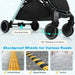 Stroller with shockproof wheels featuring text on road conditions.