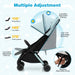 Baby stroller with multiple adjustment features on a light blue background