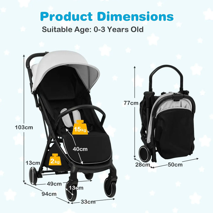 Dimensions of a black and white stroller with backpack mode on a light blue background.