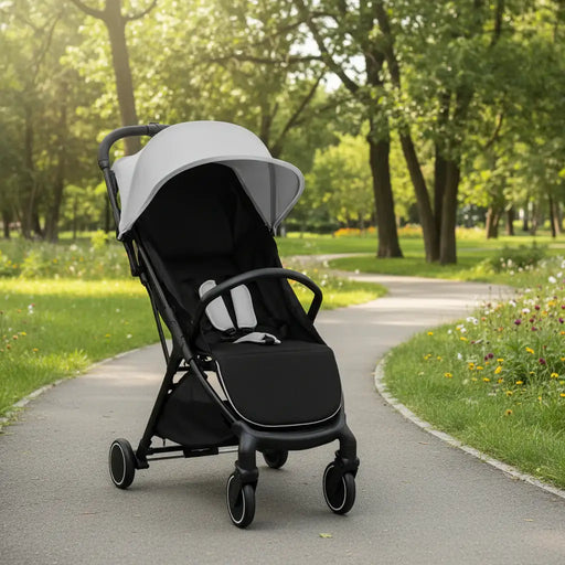 Black and gray stroller on a paved path in a park with greenery