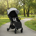 Black and gray stroller on a paved path in a park with greenery