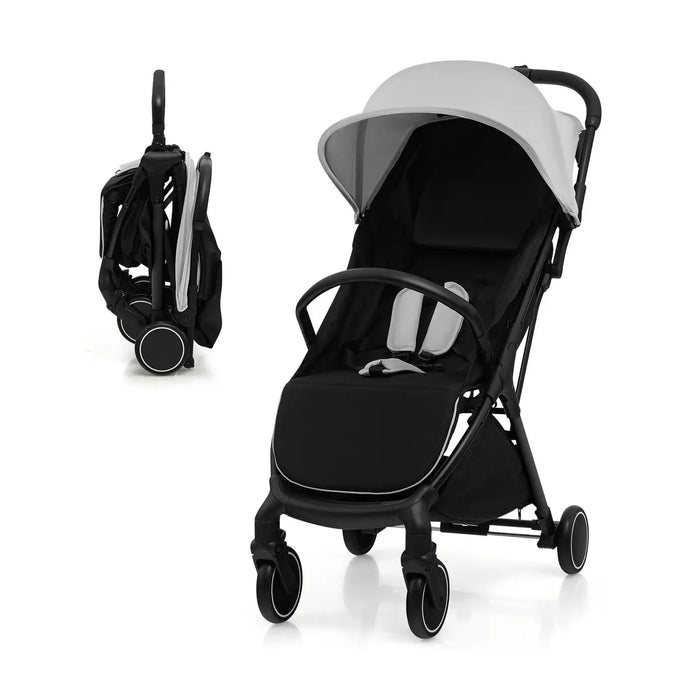 Black and gray stroller on a white background