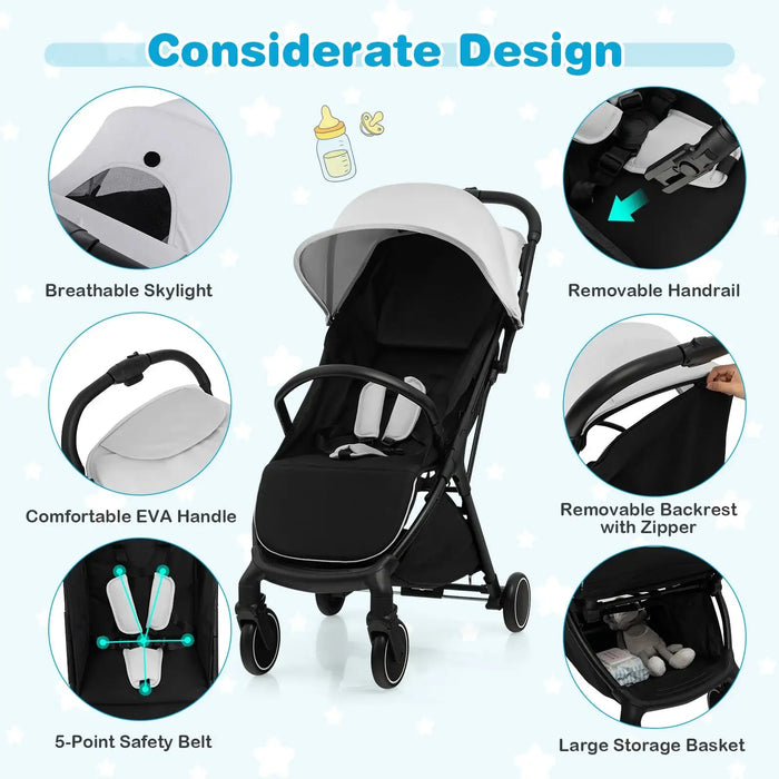 Baby stroller with features highlighted on a light blue background