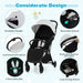 Baby stroller with features highlighted on a light blue background